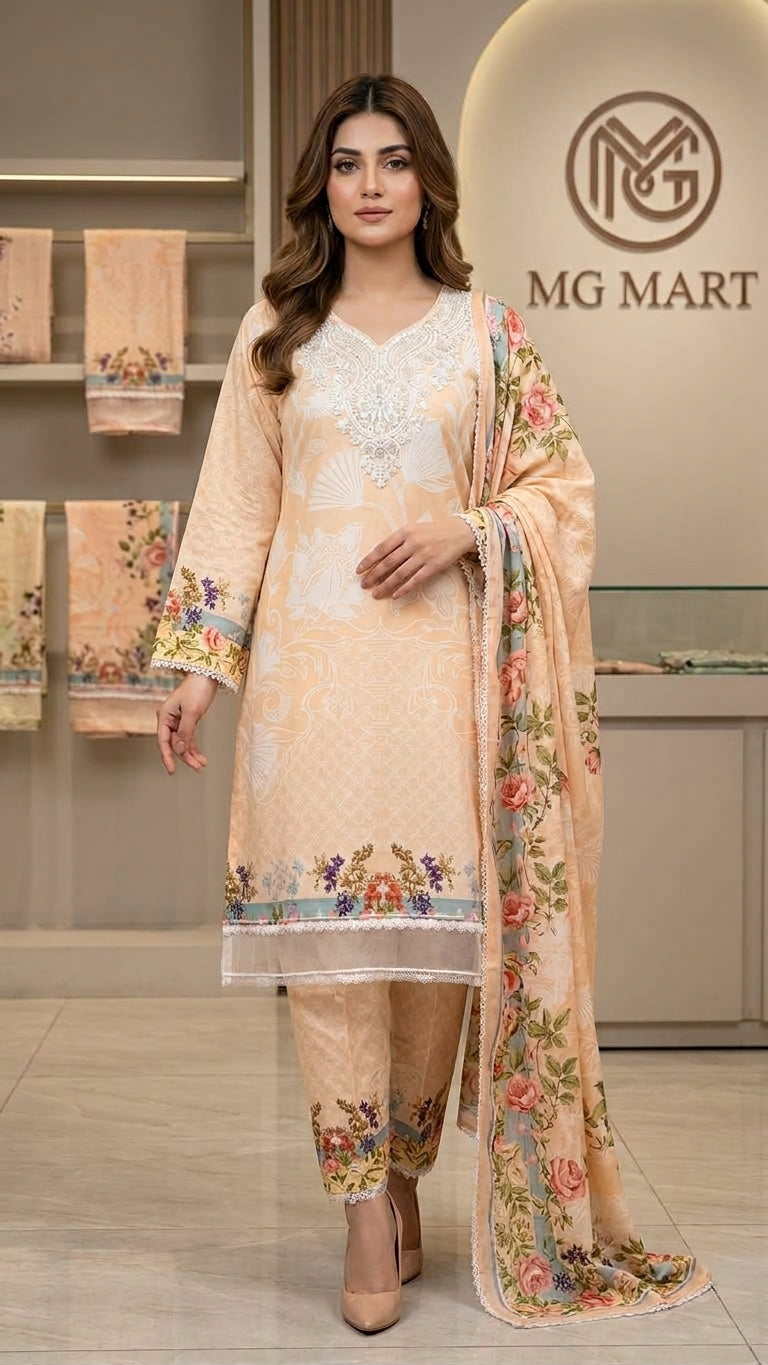 Elegant Peach Floral Handwork &nbsp;3-Piece Lawn Suit