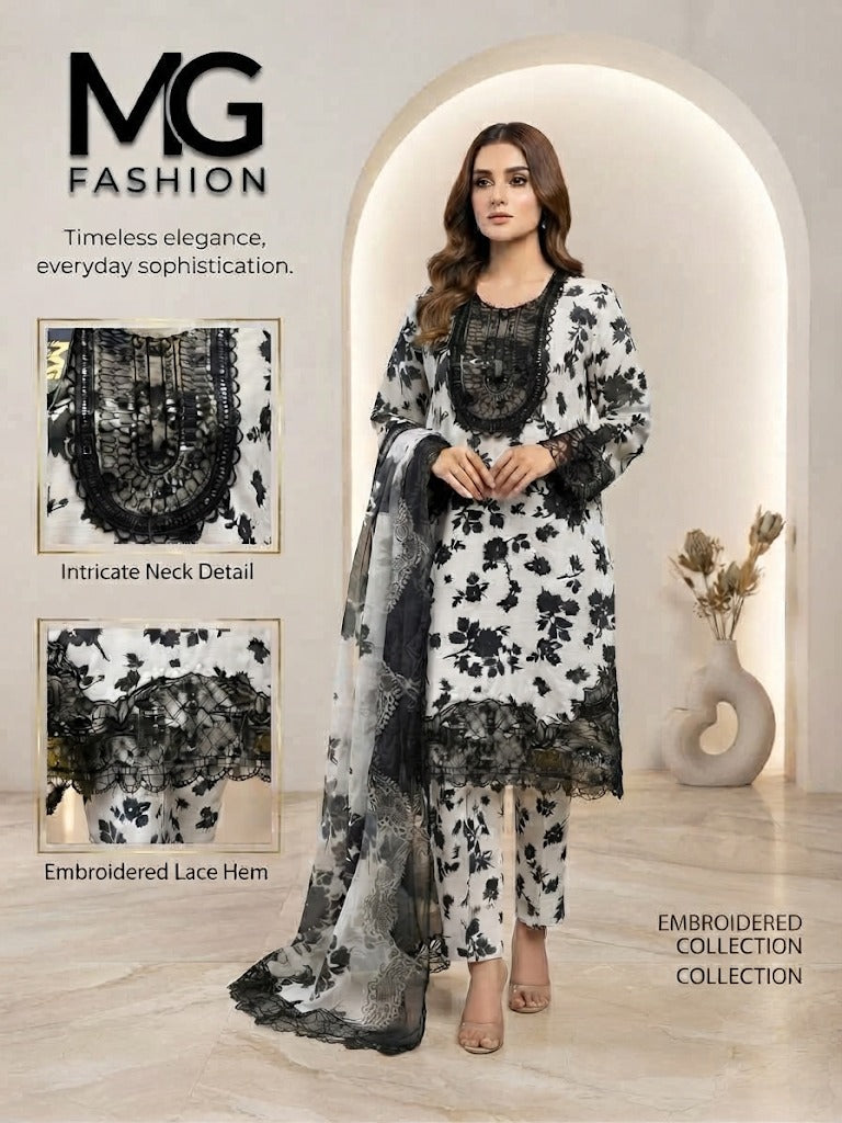 MG Fashion - Black & White Floral Embroidered 3-Piece