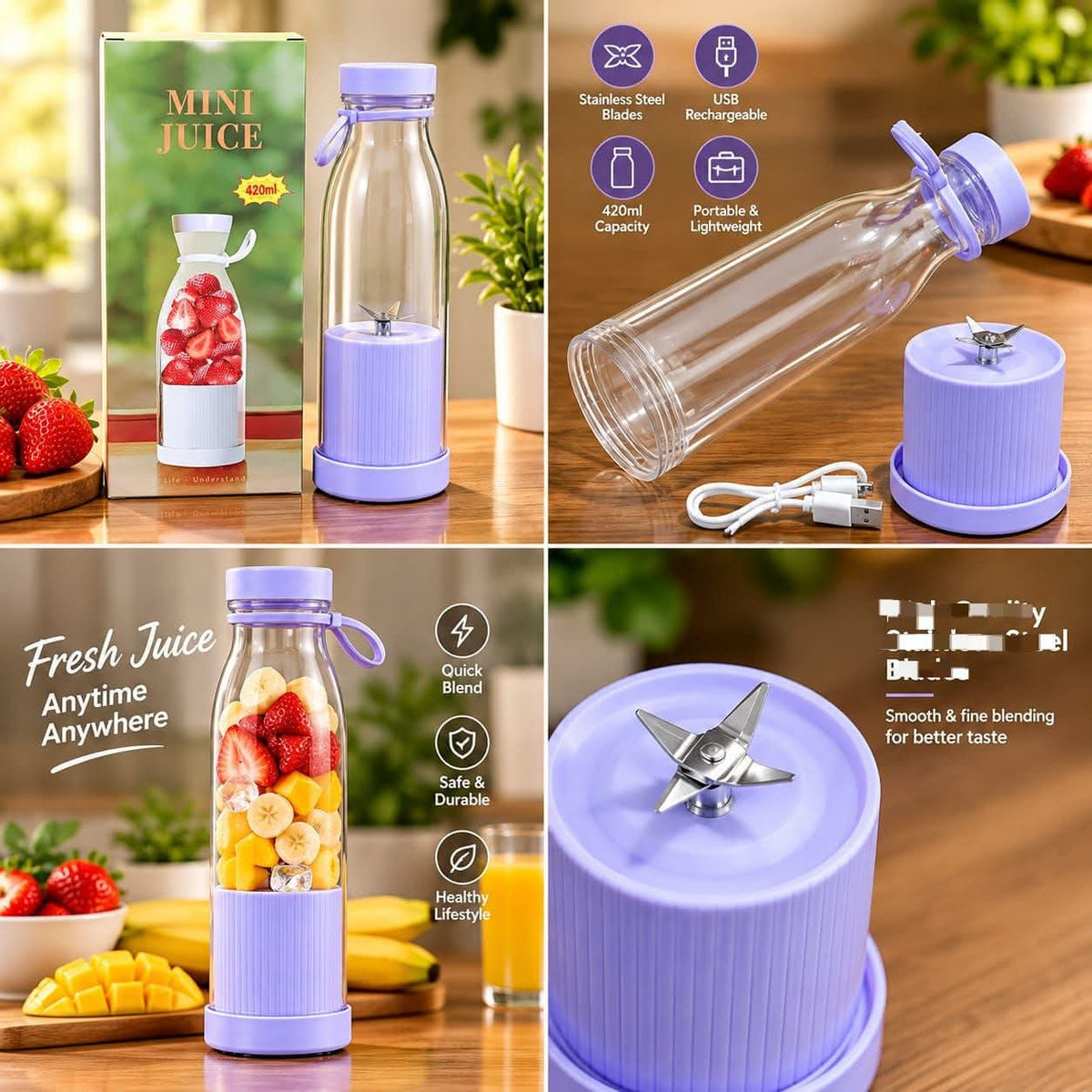 Portable Electric Juicer Bottle 420ml Pink Rechargeable